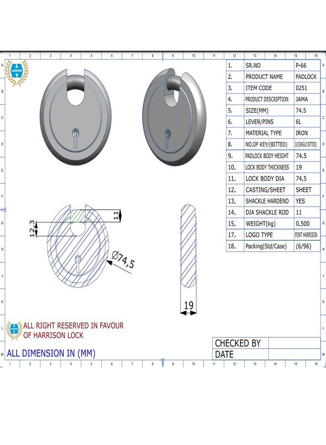 Harrison Padlocks/Round Padlock 75mm 6 Lever with 3 Keys JAMA-0251 Pack of 4/Padlock, Padlocks, Locks for Home, Locks for Main Door, gate Lock - Image 3